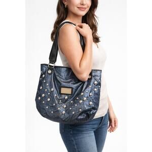 Betsey Johnson Metallic Look Dark Blue Gold Studded Betsyville Lrg Handbag Tote